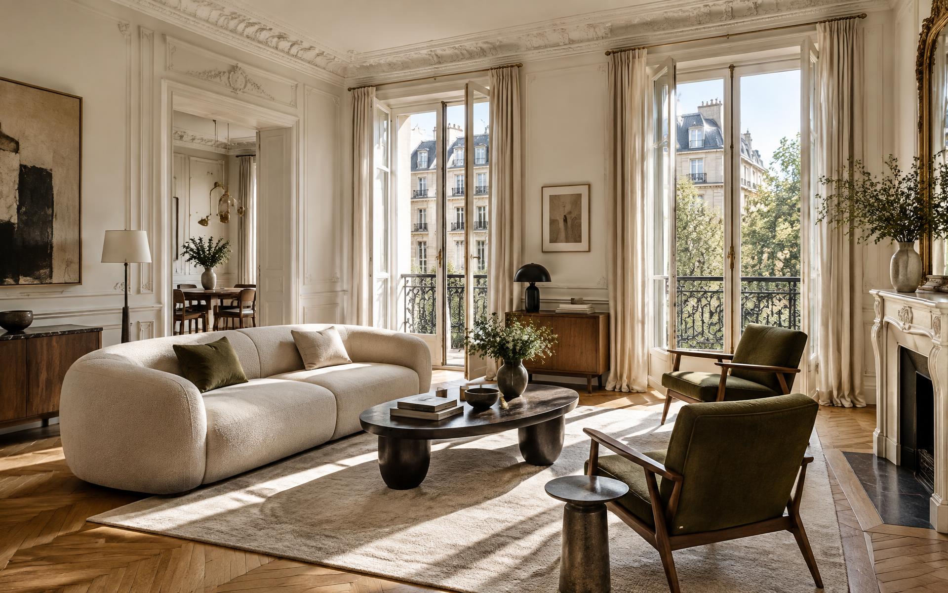 Furnished Haussmannian living room in Paris with tall windows