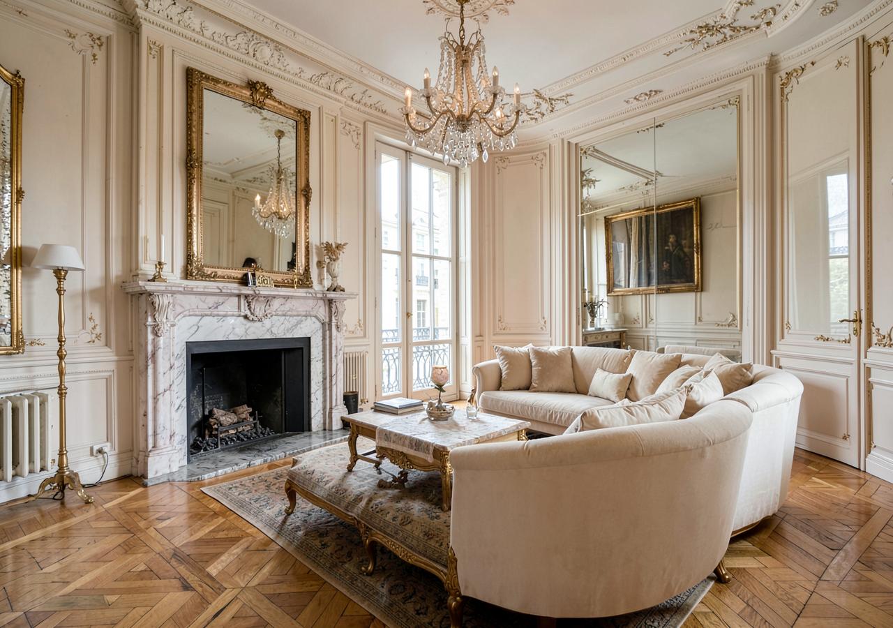Living room with marble fireplace and parquet floor